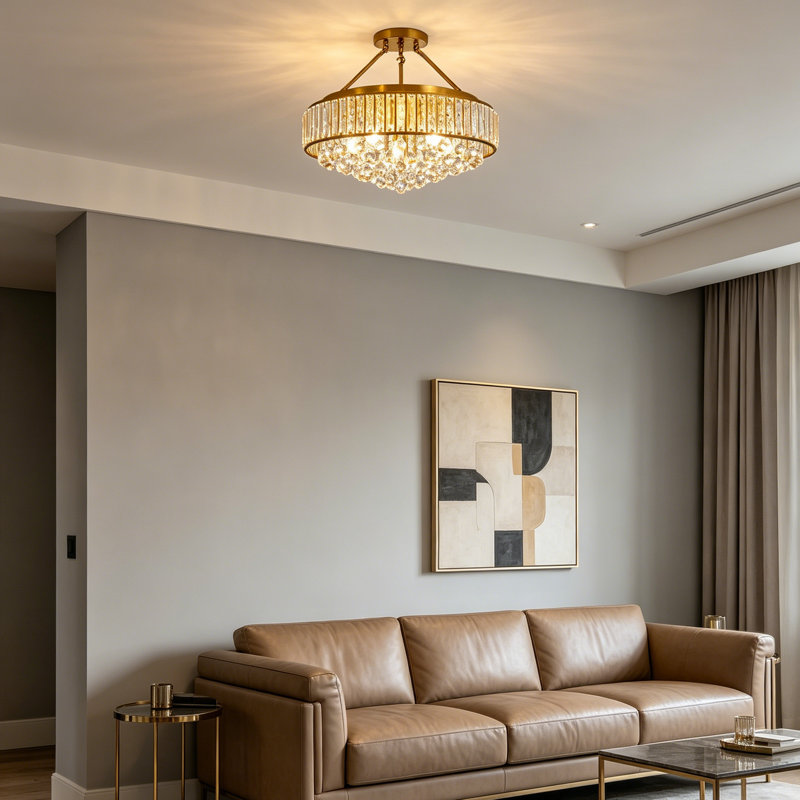 Grand lustre moderne en cristal 6 lumières - Plafonnier rond semi-encastré E26, Doré