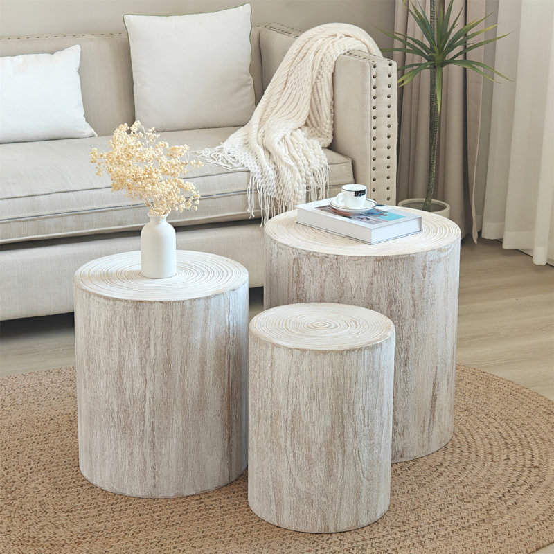 Ensemble de 3 tables basses rondes en bois, tables de bout et supports à plantes, Blanc antique