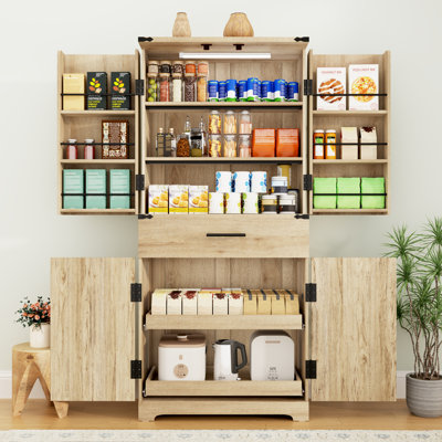 71" Tall Fluted Kitchen Pantry Cabinet With Sensor Light, Freestanding Cupboard With Drawer, Sliding Storage Rack,Open Shelves And 6 Hanging Shelves For Home,Dining Room