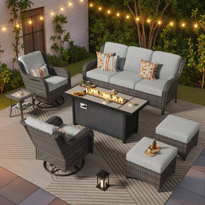 7-person Outdoor High Back Seating Group With Cushions,swivel Rockers And Fire Pit,all-weather Wicker Patio Set