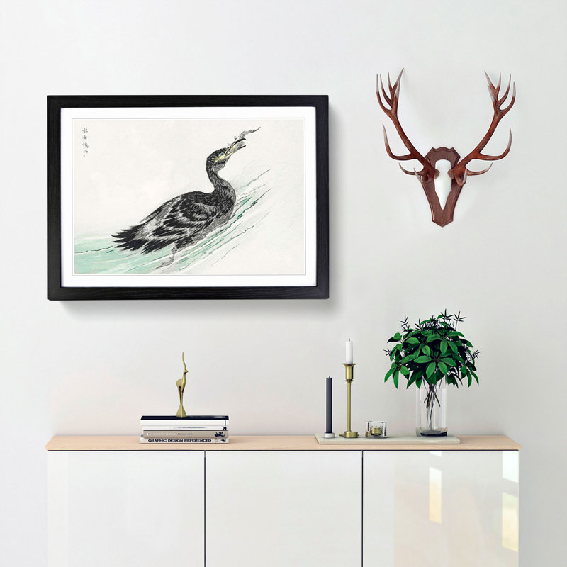 Feeding Cormorant Bird by Numata Kashu - Picture Frame Painting Print, 40cm H x 60cm W x 2cm D, Black