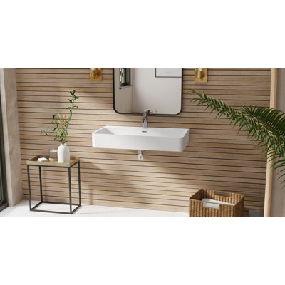 Lavabo de salle de bain mural rectangulaire en résine avec trop-plein 31,5 po x 17,7 po Badeloft WT-01-L-M