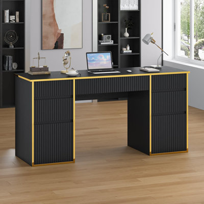 Computer Desk with 7 Drawers, 58 Inch Fluted Excutive Desk with 2 File Drawers by Mercer41