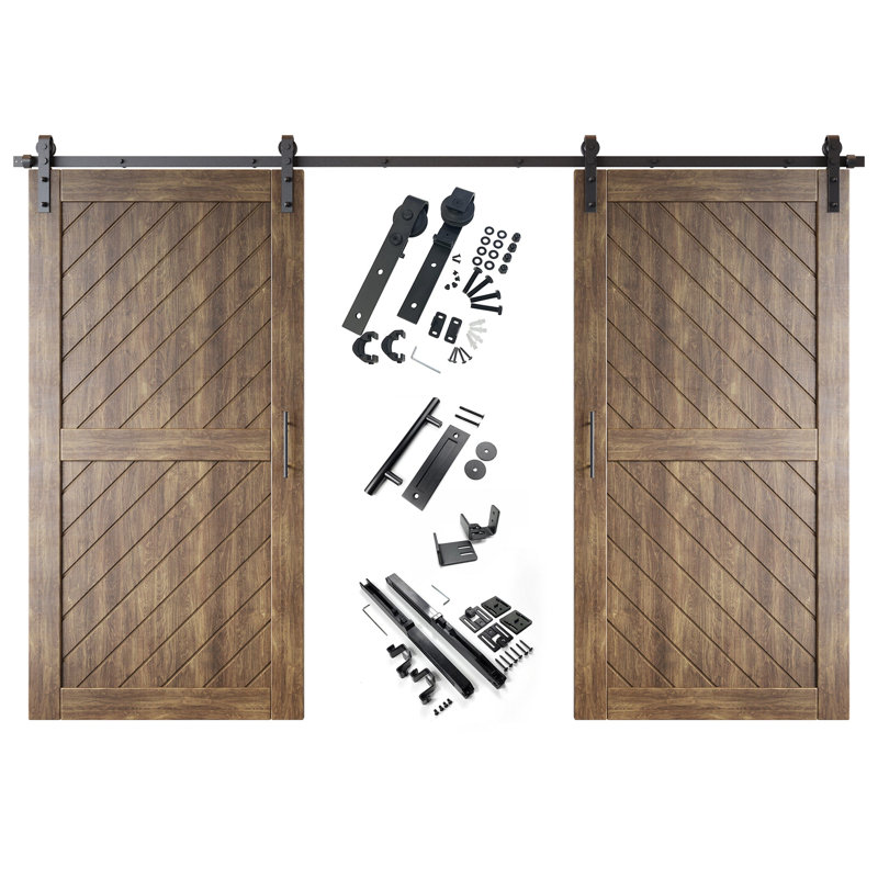 Homacer Dark Walnut Unassembled & Finished Slanted Stripe Design Two Barn Door with Non-Bypass Installation Hardware Kit, interior use only