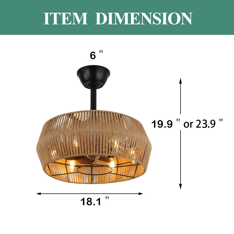 18-In Farmhouse Boho 6-Light Rattan Caged Ceiling Fan With Remote Control For Bedroom