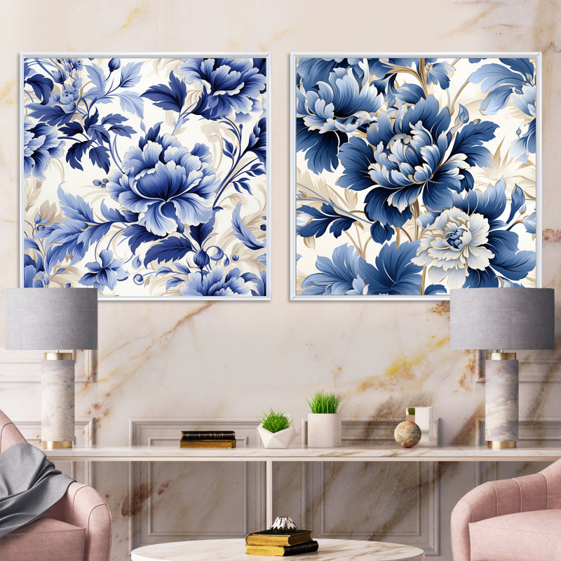 Wainscott - Ensemble de 2 collages floraux carrés, Cadre flottant blanc, H 36 po x l 73 po