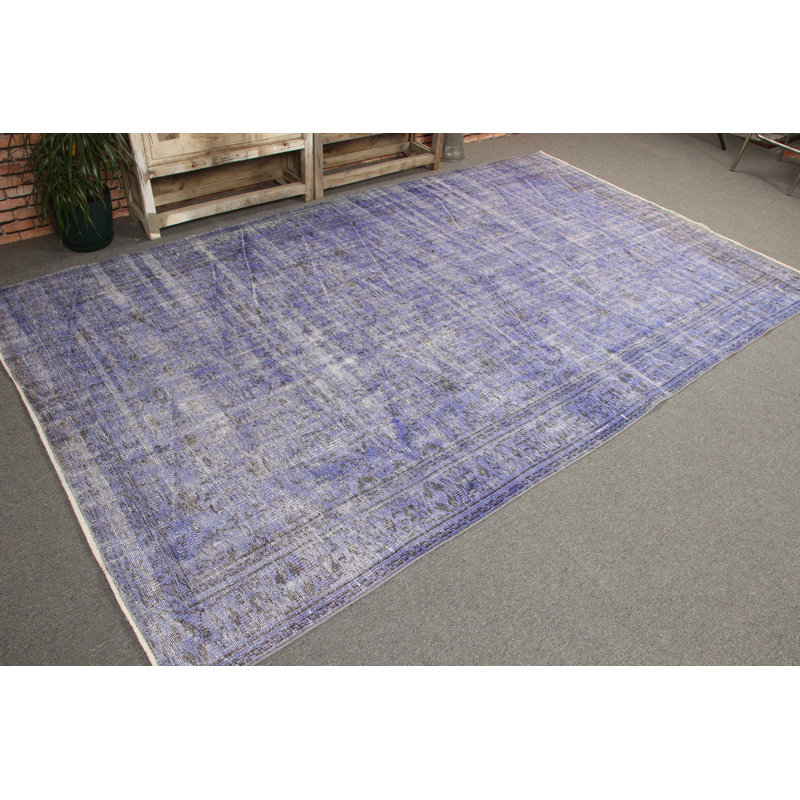 Grand tapis turc rétro en laine Oushak bleu pour la décoration de la chambre à coucher