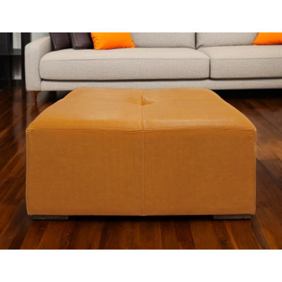 Table basse carrée 36 "en cuir véritable orange et bois massif