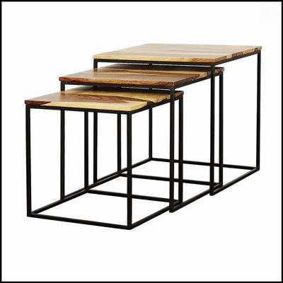 Tables gigognes 3 pièces en bois de sheesham naturel et métal noir, parfaites pour les espaces de vie compacts et élégants