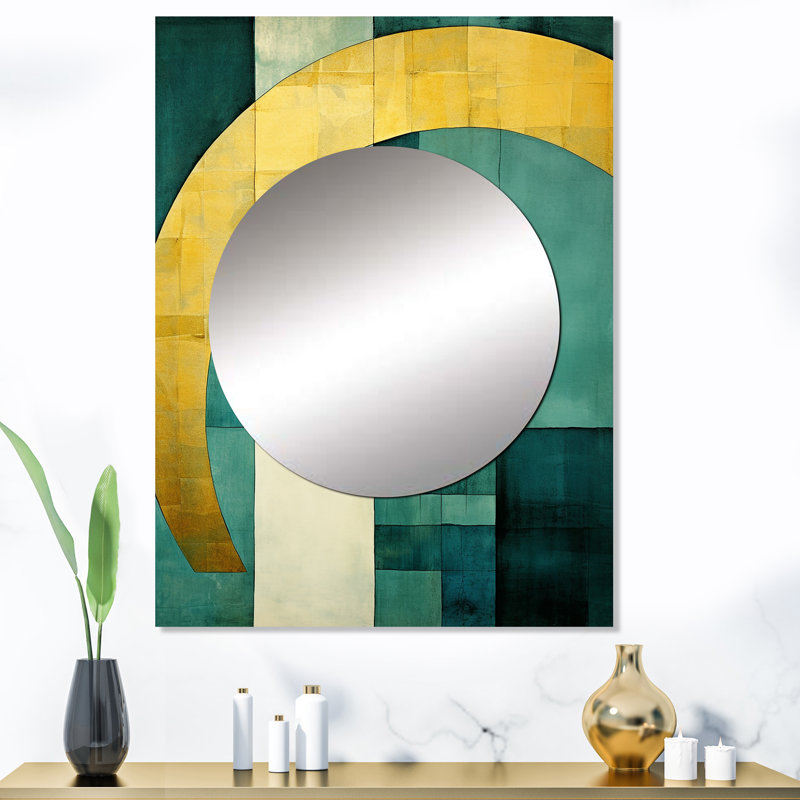 Emerald and Golden Arches I - miroir décoratif de formes abstraites, miroir mural doré, impression d'art en métal