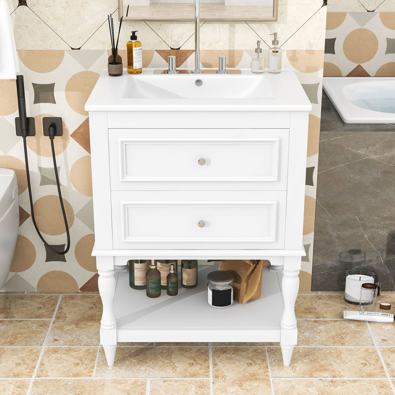 Meuble-lavabo autoportant élégant avec lavabo en céramique, tiroir basculant et tablette de rangement ouverte, Blanc