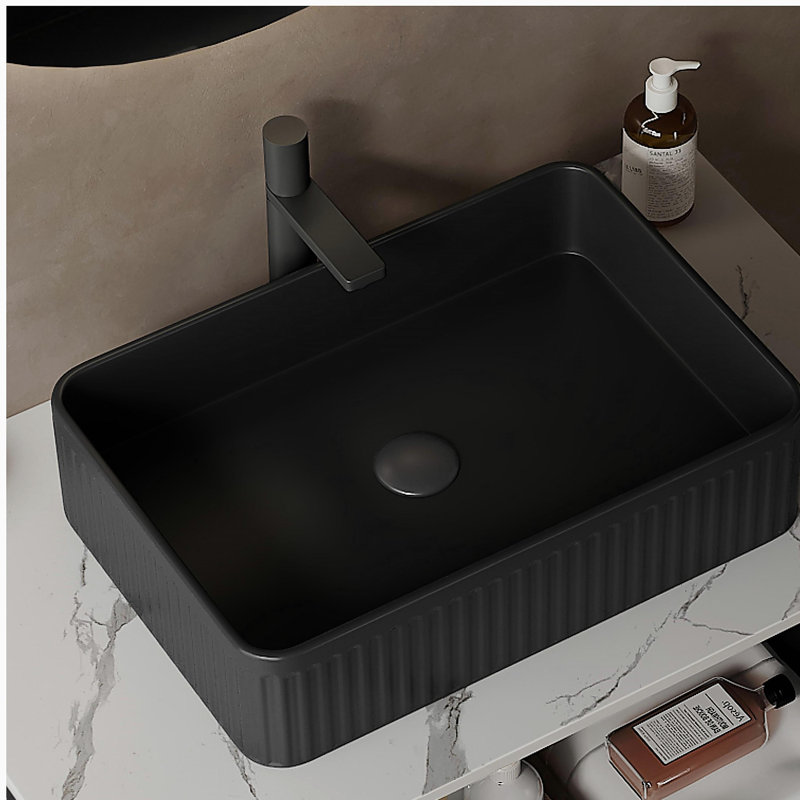 Lavabo de salle de bain 20 po, vasque rectangulaire en céramique rayée sans robinet, sans armoire, noir