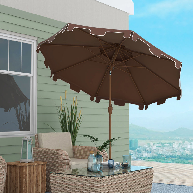 Parasol de patio de 9 pi avec housse à volants à double plateau - inclinaison à bouton-poussoir et manivelle pour contentement d'extérieur brun par manivelle, jardin, terrasse, piscine
