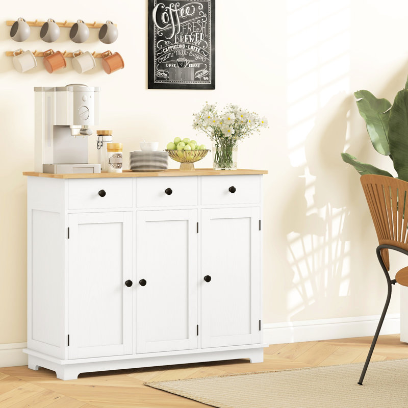 Sideboard - Solid Wood Countertop, 3 Drawers, Doors, Adjustable Shelf For Modern Kitchen Storage In Distressed White With Drawers File Cabinet