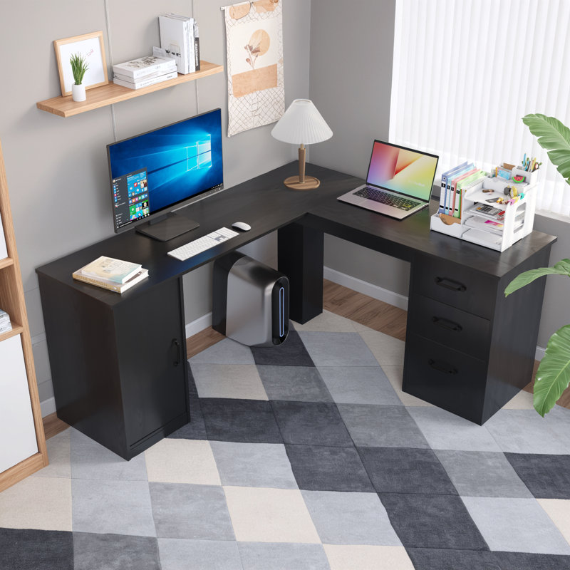 Arpan 60" L-Shaped Executive Desk with Drawers, Wood Home Office Corner Desk with Storage Cabinet, Black