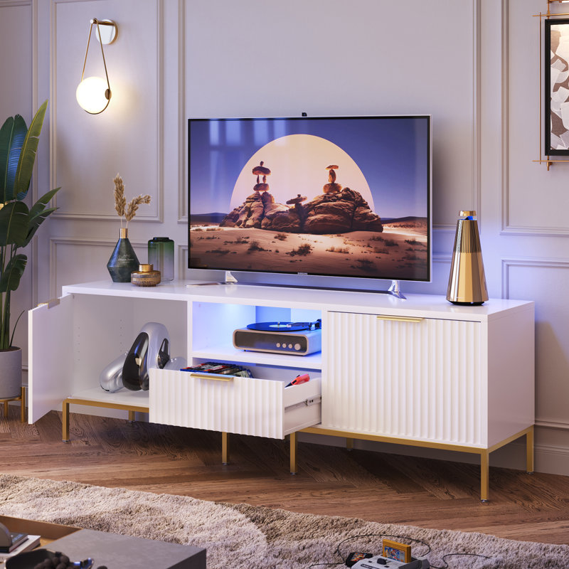 Brilyn Fluted TV Stand, Glossy Media Console with Wave Pattern Buffet Cabinet, Blanc, 23.62"H x 70.07"L x 15.35"W