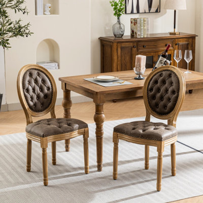 High Dining Chairs With Density Foam And Steel Spring Inner, Brown, Of 2 Brown Pu Leather Chairs, 2 , Solid Wood Frame, Hand-Pulled Buckle Decoration On Seat
