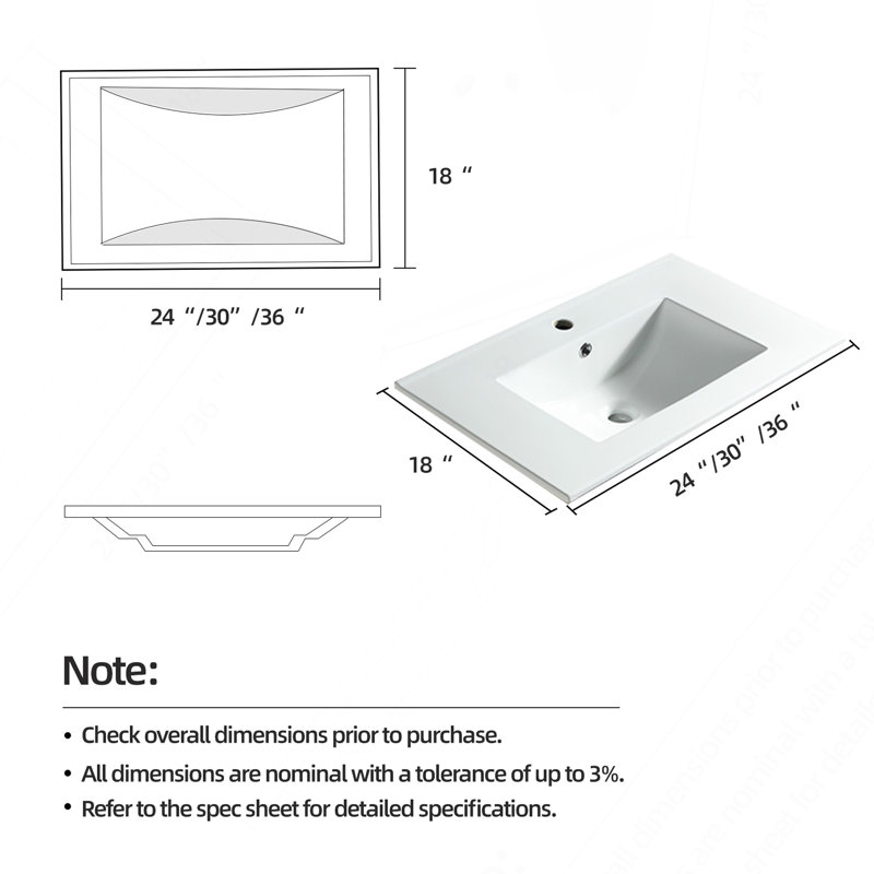 Bathroom Vanity Top 30" Only, White Basin,Ceramic