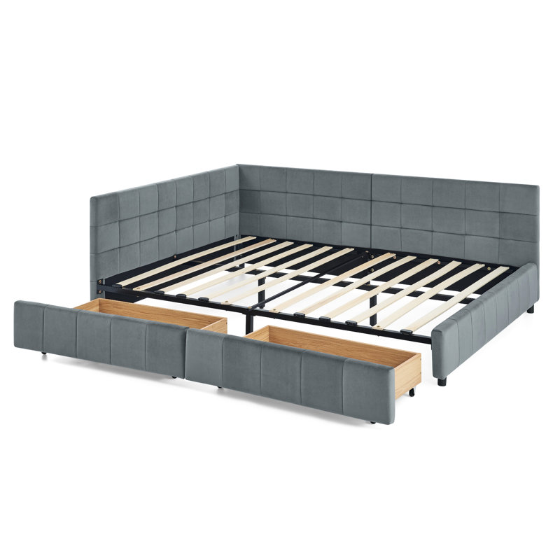 Comfortable Full Size Bed Frame With Velvet Upholstery And Storage, Ideal For Bedroom Living Room Mid-Century Style Double Storage Drawers, Use