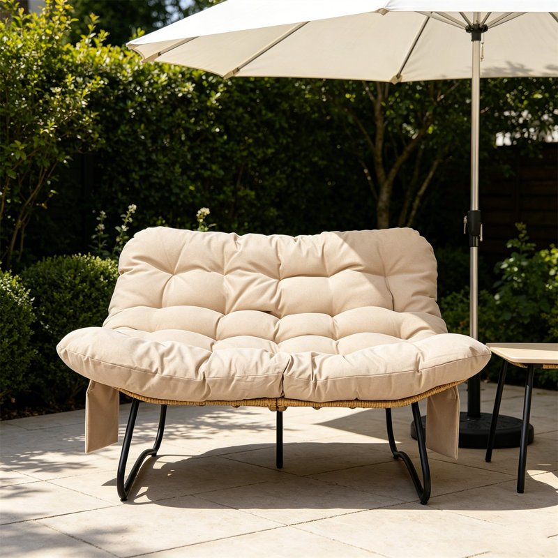 52" Beige Outdoor PE Rattan Double Papasan Loveseat, 2-Seater Patio Chair With Tufted Cushion, Black Metal Frame With Adjustable Feet For Porch, Backyard, Living Room