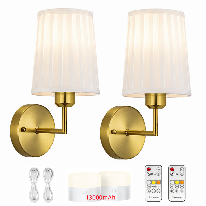 Battery Operated Wall Sconce, Pleated Fabric Rechargeable Wall Sconces, Gold