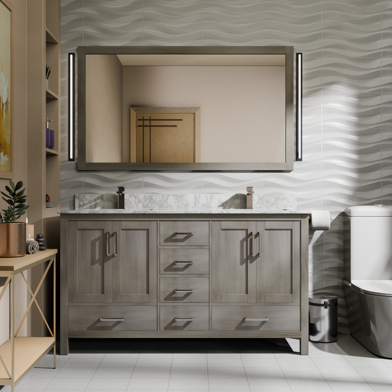 Meuble-lavabo double L 60 po x P 22 po et miroir 58 po., Gris patiné, Marbre de Carrare blanc