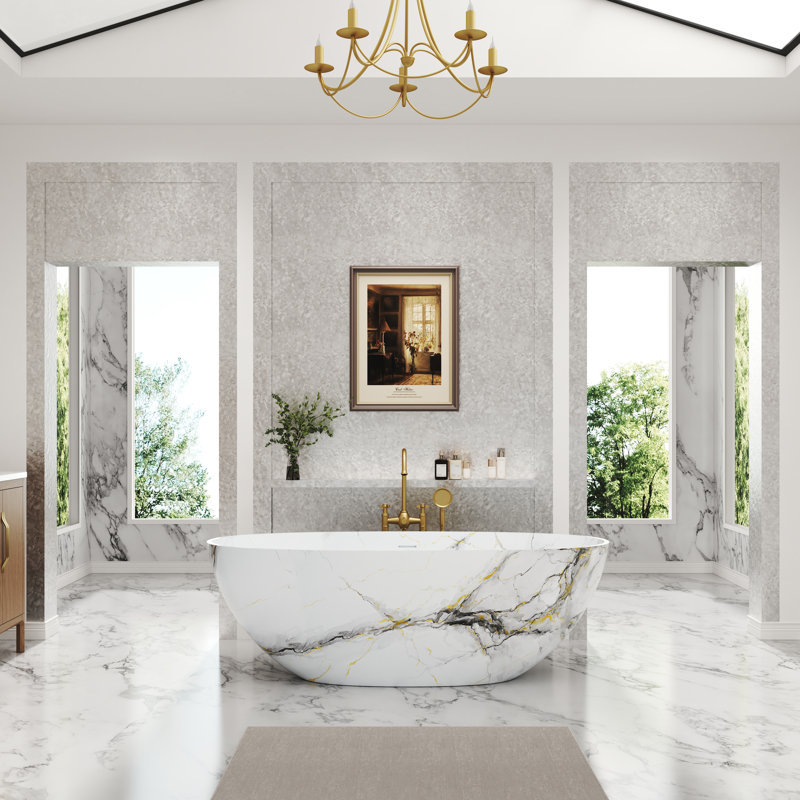 CASAINC 65" Solid Surface Freestanding Soaking Bathtub With Pattern, Matte White