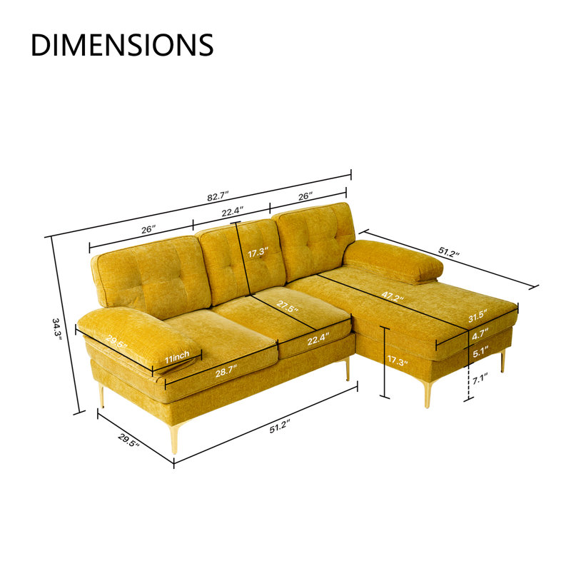 Joseph-Alexander Upholstered Sectional 82.7" Wide Sectional Sofa with Chaise Chenille Fabric White Modular Design for Living Room