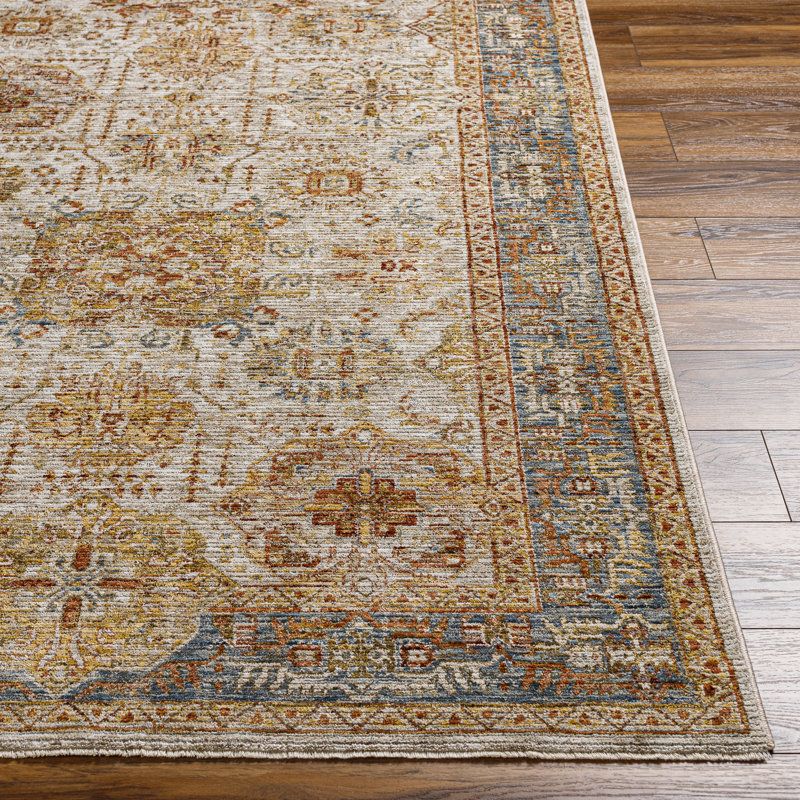 Tapis oriental en polyester tissé à la machine en bleu sarcelle, Rond 6 pi 7 po