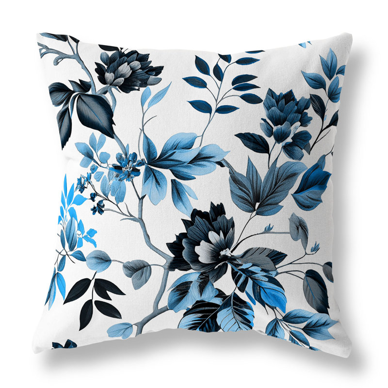 Coussin décoratif intérieur / extérieur Majestic Gardens, H 16 po x l 16 po, Motif floral bleu / blanc