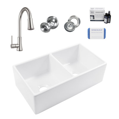 Austen White Fireclay Double Bowl Farmhouse Apron Front Undermount Kitchen Sink with Pfirst Faucet Kit -  Sinkology, SK496-33-PF2