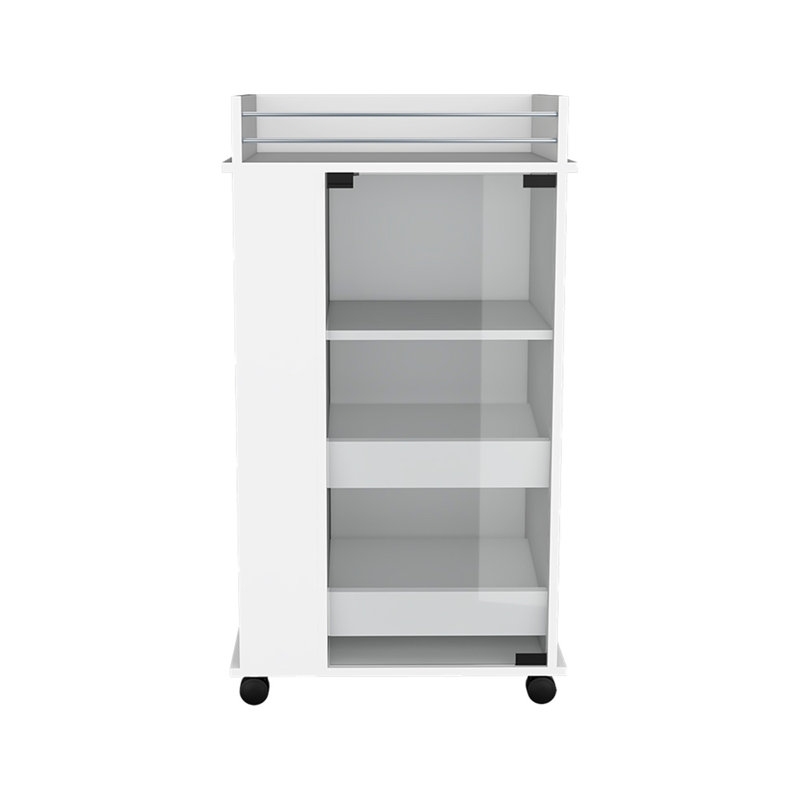 Chariot-bar avec deux tablettes latérales, porte en verre et surface supérieure, finition blanche, Blanc