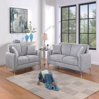 2Pc Sofa Set Light Gray Burlap Like Fabric Sofa Loveseat W Pillows Cozy Design Plush Couch