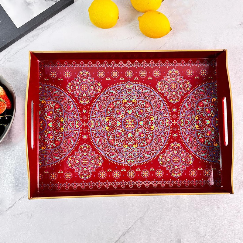 Boho Decorative Serving Tray With Handles, Plastic Tray For Coffee Table, Ottoman, And Home Decor