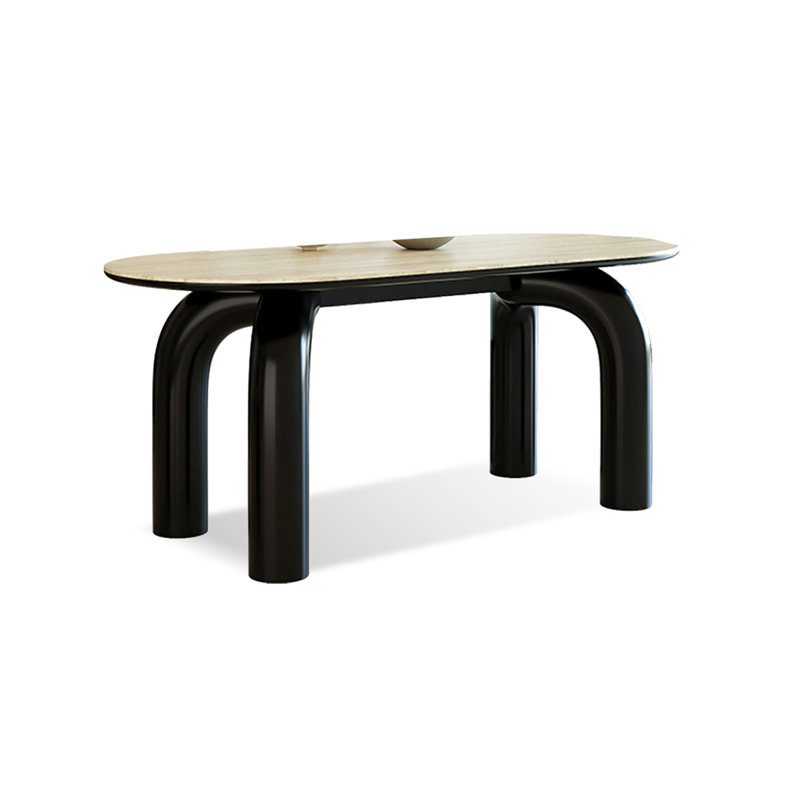 Plateau de table ovale noir en pierre frittée avec table de salle à manger en acier, H 29,53 po x L 70,87 po x l 31,5 po