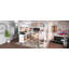 Lit mezzanine double en métal avec garde-robe, bureau en L et tablettes de rangement pour une économie d'espace.-375373196-375373197