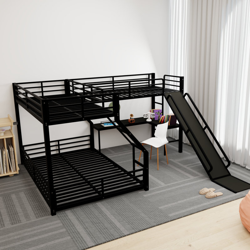 Black Metal Twin Xl Over Queen L-Shaped Bunk Bed With Loft Bed And Usb With Slide, Twin/Extra-Long Twin Over Queen