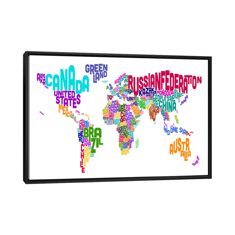 « typographie text world map vi » par michael thompsett, impression sur toile tendue, H 18 po x l 26 po x P 1,5 po