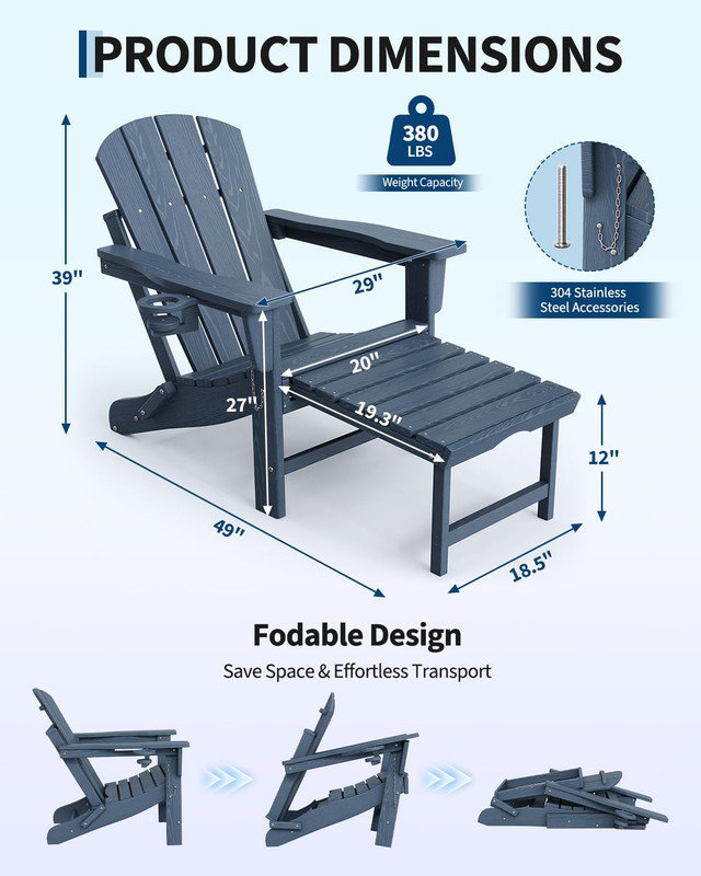 Chaise berçante pliante avec repose-pieds rétractable Adirondack - PEHD texturé bois, porte-gobelet pour patio, Bleu