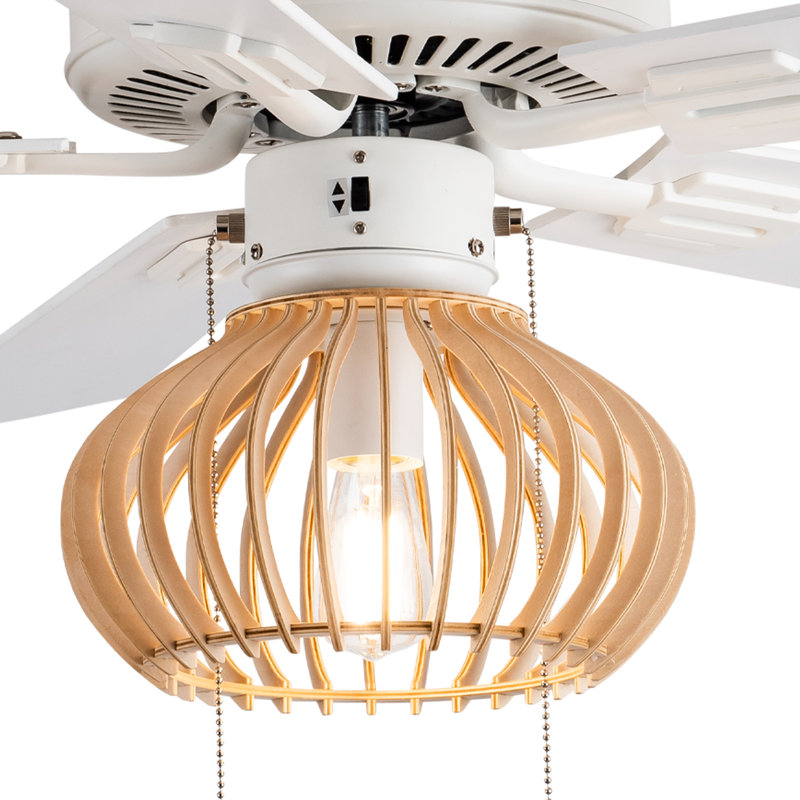 42" White and Tan Wood Caged Ceiling Fan with Light