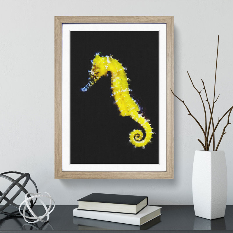 Yellow Seahorse - Picture Frame Graphic Art, 36cm H x 27cm W x 2cm D, Oak Framed