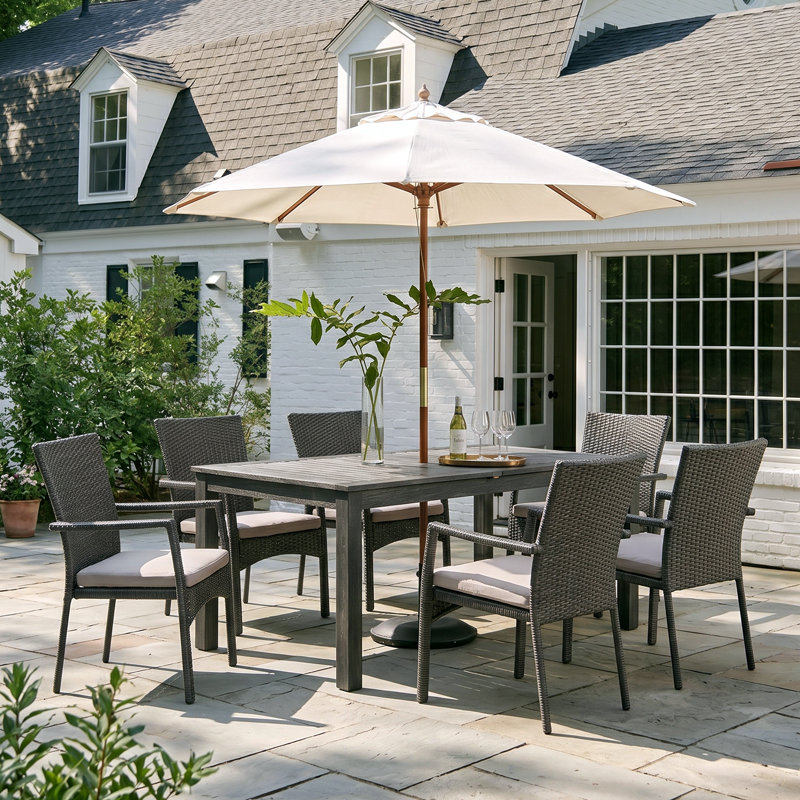 Jolliff 6 - Person Acacia Patio Dining Set with Extendable Rectangular Table, Sandblast Dark Gray/Gray Frame / Gray Cushion