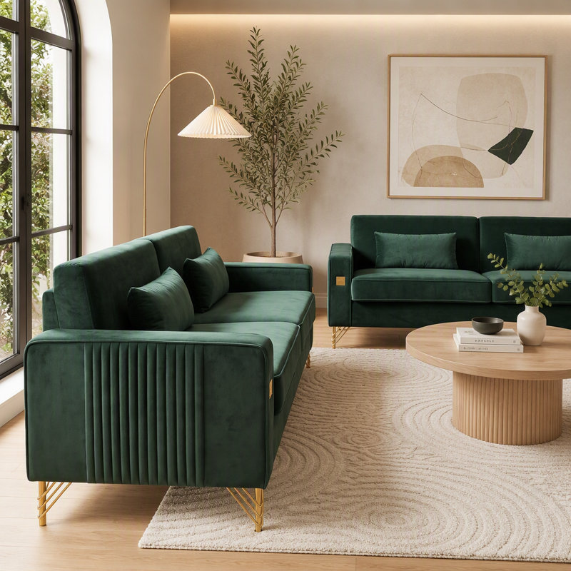 Ensemble de canapés 2 pièces en velours, canapé de salon 2 pièces avec coussins d'assise amovibles, Velours vert