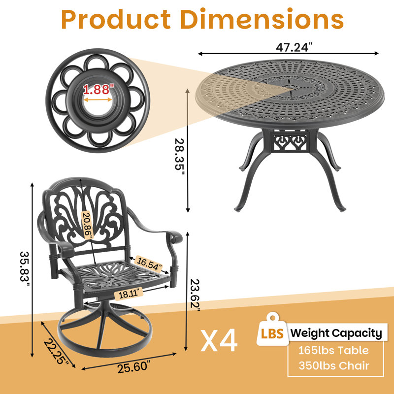 Ensemble de salle à manger d'extérieur 5 pièces en fonte d'aluminium avec chaises pivotantes, coussins et trou pour parasol