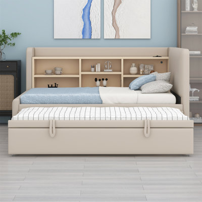 Upholstered Daybed With Trundle, Storage Shelves, USB & Outlet
