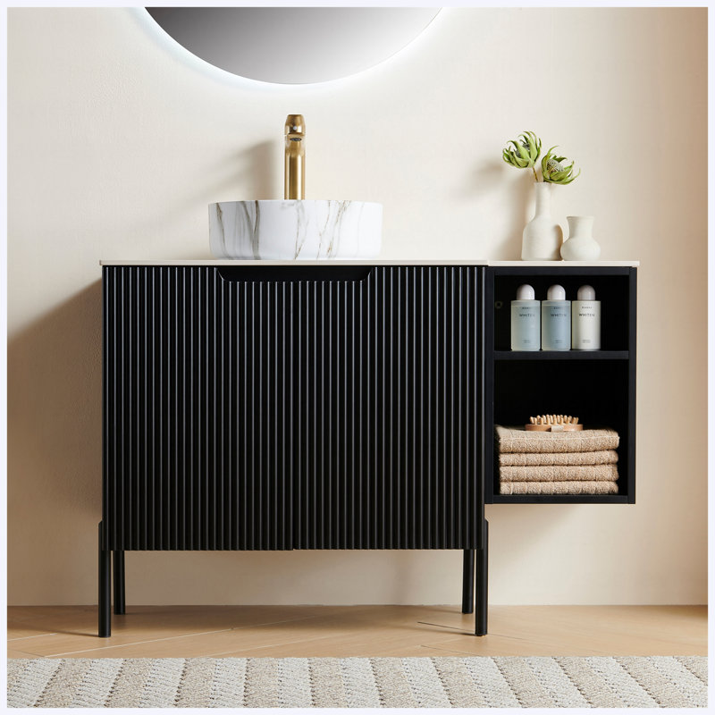 Armoire de rangement de meuble-lavabo simple sur pied 42 po autoportante et murale 42 po, finition noire avec 2 portes, tablette ouverte 12 po, lavabo rond blanc en céramique et comptoir blanc Carrara, sans robinet inclus
