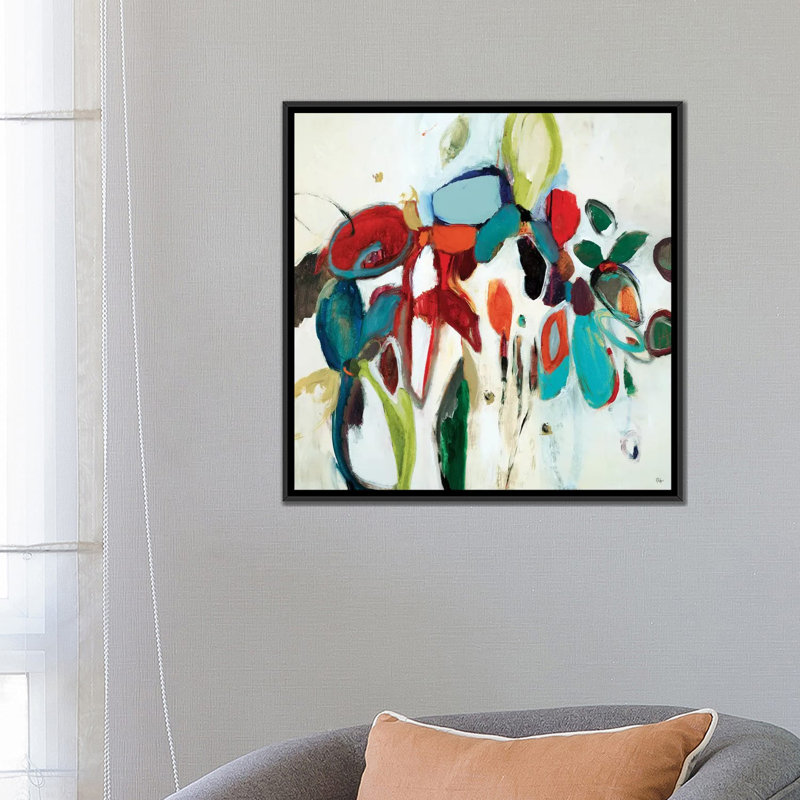 « floral hints », impression sur toile, H 18 po x l 18 po x P 1,5 po, Toile avec cadre noir, Pas de tapis