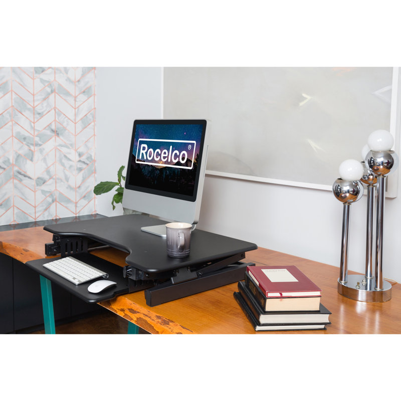  40 in. Black Height Adjustable Standing Desk Converter Dual Monitor Riser with Gas Spring Assist Mechanism, Black/Black