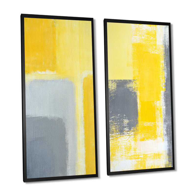 «Gray and Yellow Modern Art III», ensemble de 2 peintures sur toiles, H 32 po x l 32 po x P 1 po, Cadre photo noir