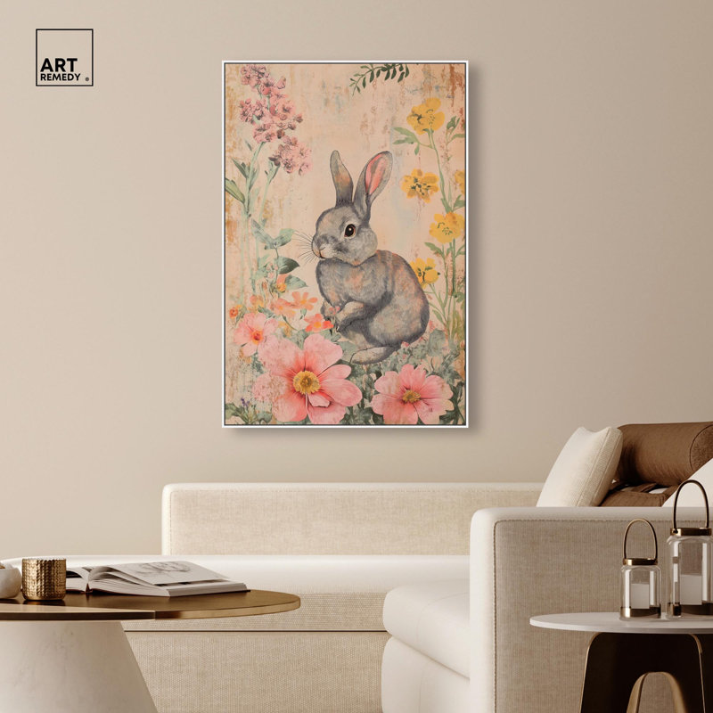 Art floral sur un lapin floral , H 16 po x l 11 po, Cadre flottant blanc
